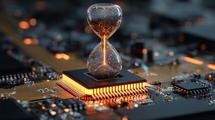 Digital time hourglass concept glowing with particle effect sitting on a computer microprocessor unit with circuit board background.