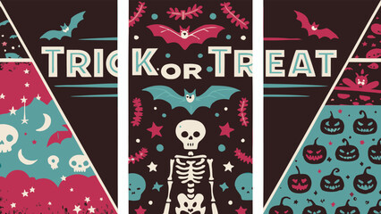 Fototapeta premium A festive trick or treat design featuring bats, pumpkins, skulls, and a skeleton illustration