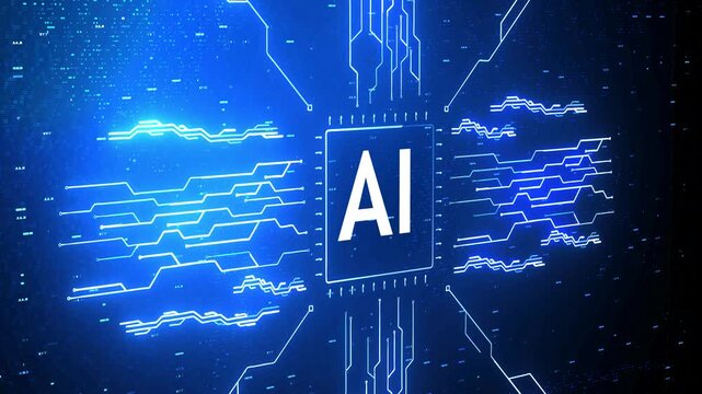 Futuristic glowing AI microchip animation with electric blue circuit lines and a central AI logo. Ideal for illustrating artificial intelligence systems, smart technology, digital transformation.