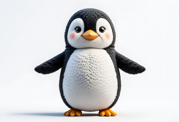 Obraz premium A full-body 3D cartoon illustration of an adorable, fluffy penguin doll standing with arms outstretched, ready for a hug on a clean white background.