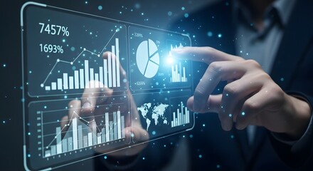 Businessman interacting with a futuristic holographic financial data display.