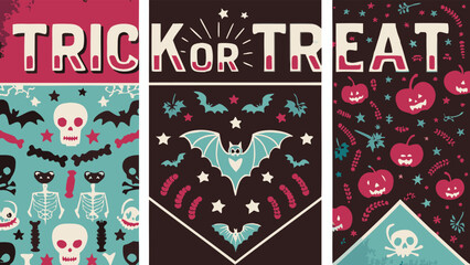 Fototapeta premium Three panels showcasing halloween themed designs with trick or treat text and spooky illustrations design