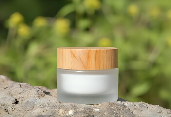 A blank cosmetic jar with wooden lid mockup on nature background, centered composition, ideal for organic or luxury skincare product branding.