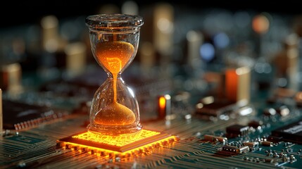 Time is ticking on technology with a flowing hourglass sitting on an illuminated computer chip suggesting urgency.
