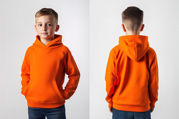 Front and back view of a young boy wearing an orange hoodie on a plain background, casual children’s fashion