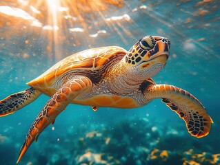 Obraz premium Sunlight Streaming Through Water: Green Sea Turtle Underwater Photography | Nature Conservation Design Asset | Dynamic Ocean Creature Capture | High-Definition Marine Life Illustration-Level Image