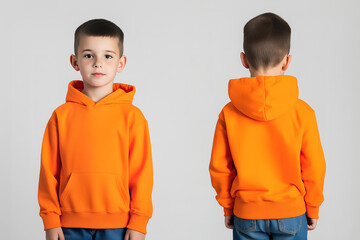 Front and back view of a young boy wearing an orange hoodie on a plain background, casual children’s fashion