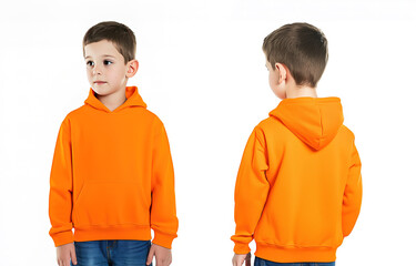 Front and back view of a young boy wearing an orange hoodie on a plain background, casual children’s fashion
