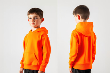 Front and back view of a young boy wearing an orange hoodie on a plain background, casual children’s fashion
