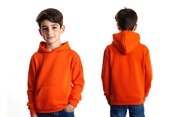 Front and back view of a young boy wearing an orange hoodie on a plain background, casual children’s fashion
