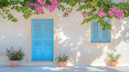 Fototapeta premium Blossoming Facade: Capturing the tranquil harmony of vibrant flowers spilling over a sun-drenched facade, with blue accents that hint at a serene coastal retreat, embodies peace and beauty.