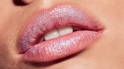Fototapeta premium Close-up of Glossed Lips with Iridescent Glitter and Pastel Pink Hue.