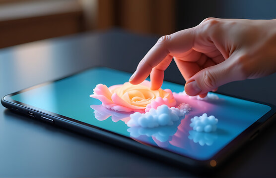 human hand gently swiping across vibrant swirling cloudscape sleek touchscreen interface soft diffused daylight