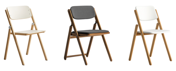 Three stylish folding chairs isolated on a transparent background for design use
