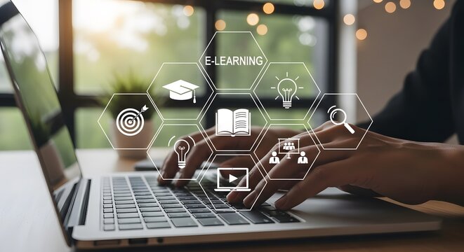 Person using laptop with digital education icons overlayed on screen.