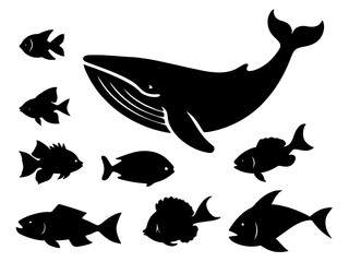 Collection of black silhouette marine life including a large whale and various small fish swimming in different directions isolated on white background isolated on transparent background
