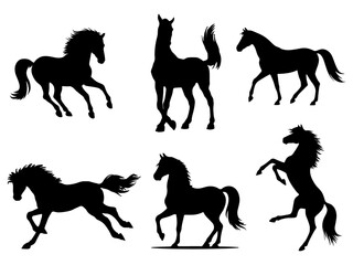 Collection of six dynamic black horse silhouettes in various poses isolated on white background representing freedom and power isolated on transparent background