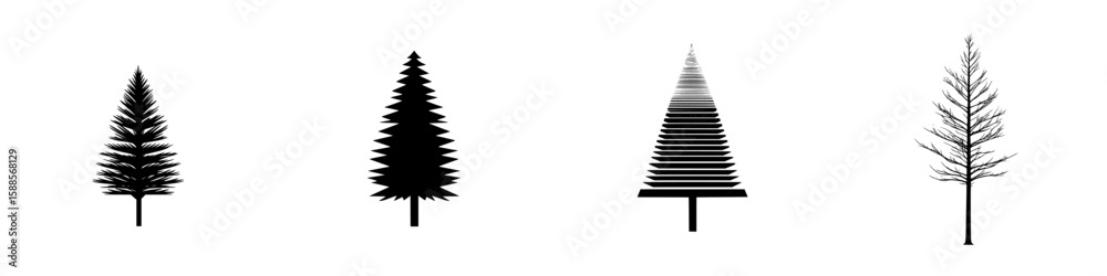 Poster collection of black tree icons representing different styles and shapes suitable for various design 