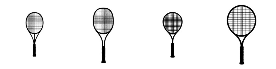 Various black tennis racket icons showcasing different angles and designs suitable for sports graphics and activities