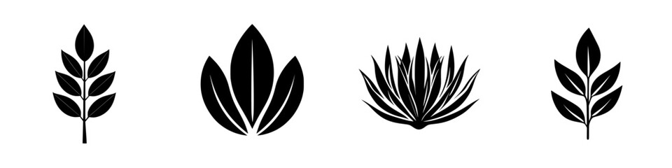 Black icon set featuring various leaf and plant designs for nature-themed projects and digital applications
