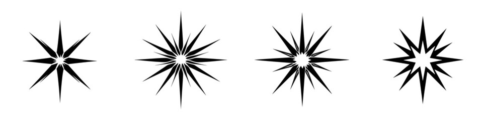 Obraz premium Visual representation of black star icons with varying designs showcasing sharp points and symmetrical shapes