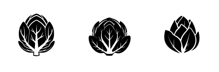 Black icon representations of artichokes designed for modern graphic applications and artistic projects