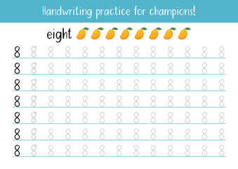 Number 8 Tracing Worksheet – Dashed Line Handwriting Practice for Preschool Kids and Students