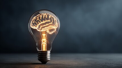 Brainpower illuminated: A concept of intelligence, creativity, and innovation presented through a glowing brain inside a lightbulb on dark background.