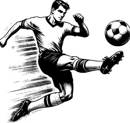 Detailed black and white vintage engraving-style illustration of a soccer player kicking the ball mid-air. Ideal for retro themed sports posters, editorial prints, educational books