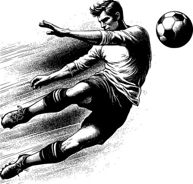 Detailed black and white vintage engraving-style illustration of a soccer player kicking the ball mid-air. Ideal for retro themed sports posters, editorial prints, educational books