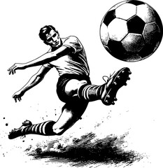 Detailed black and white vintage engraving-style illustration of a soccer player kicking the ball mid-air. Ideal for retro themed sports posters, editorial prints, educational books