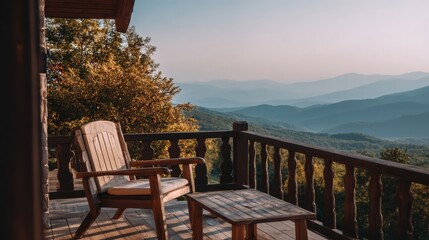 Obraz premium Chair on balcony facing out toward scenic mountain view with soft morning light