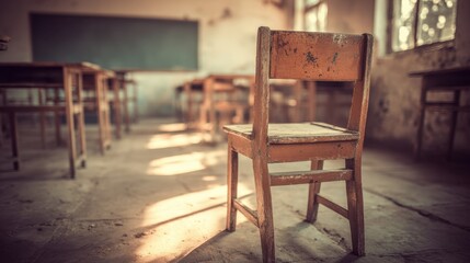 Classic wooden school chair and desk set in an empty classroom with sunlight