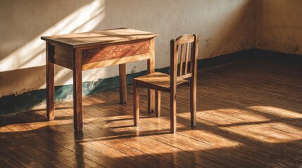 Classic wooden school chair and desk set in an empty classroom with sunlight