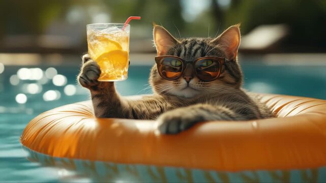 Tabby cat chilling in a swimming pool on an orange float, wearing sunglasses and holding a cocktail with lemon slices. Summer vibe. Humorous animal concept.