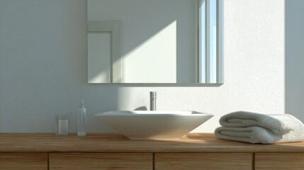 Fototapeta premium Clean bathroom vanity top with mirror reflecting white walls and sunlight