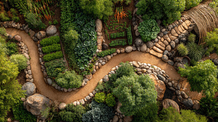 Obraz premium Overhead view of a vibrant backyard garden with a winding path and thriving plants. vegetable garden aesthetics