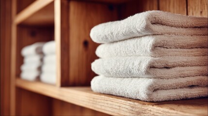 Clean folded white towels stacked neatly on wooden shelf in spa bathroom