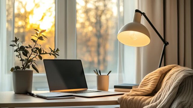 Minimalist home office setup with open laptop, potted plant, notebook, and desk lamp. Cozy blanket on chair. Warm evening sunlight through window.
