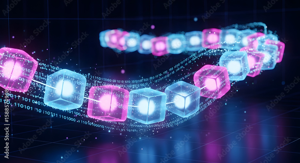 Poster digital chain: a captivating visualization of a digital chain, crafted from glowing blocks and code,