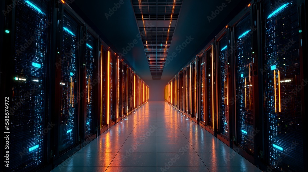 Poster inside the server room showcasing high tech data center infrastructure with vibrant lights and effic