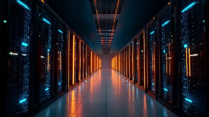 Inside the server room showcasing high tech data center infrastructure with vibrant lights and efficient performance systems.
