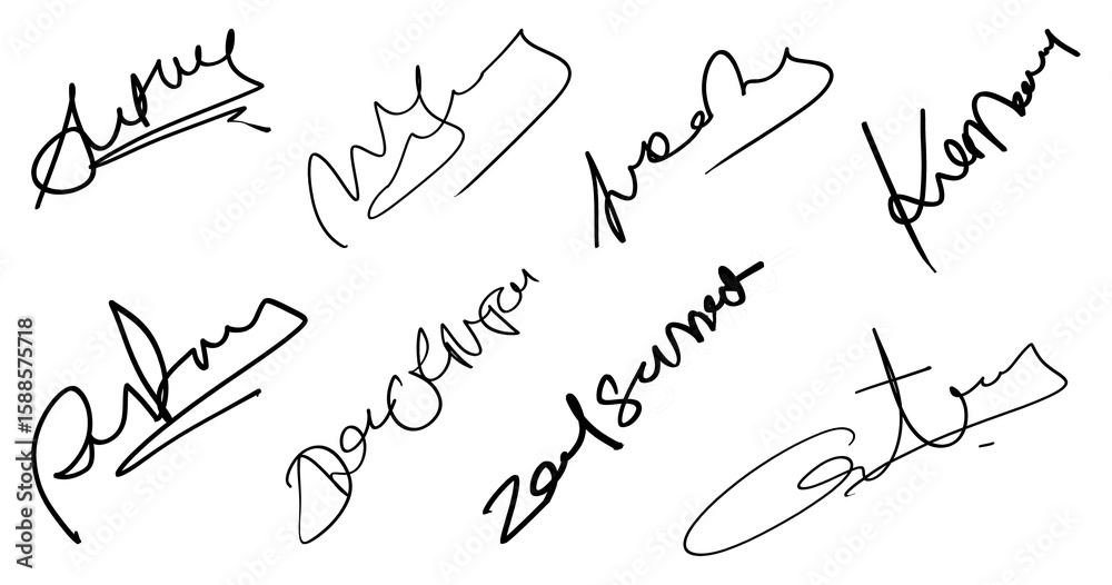 Fototapete Fake dummy signature doodle set isolated on transparent  background. Name sign with random letter forms for graphic design use.  