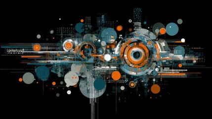 Digital design elements layered abstractly over dark background in futuristic style