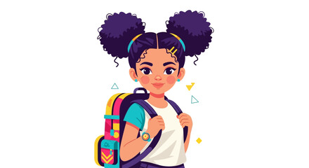 A cheerful young girl with afro puffs carries a colorful backpack, ready for school.