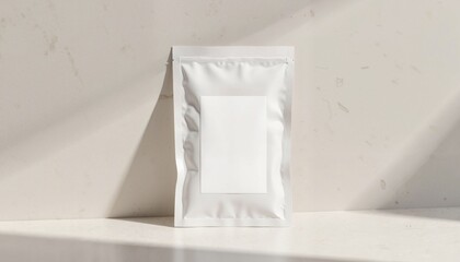 Blank packaging pouch on countertop with soft natural lighting  