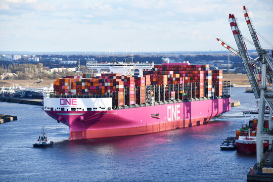 Hamburg, Germany - March 31, 2025: Container ship ONE Intelligence in Hamburg - The Ocean Network Express is a Japanese container transportation and shipping company