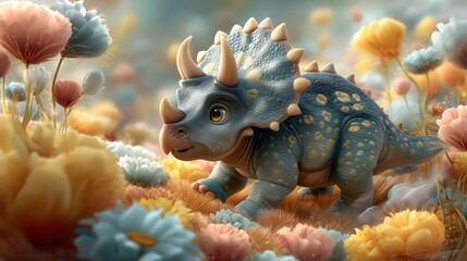 Baby triceratops rolling in colorful flowers
