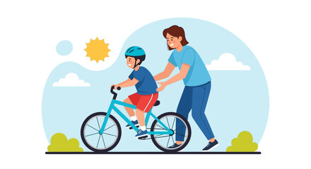 A mother helps her child learn to ride a bicycle in a sunny outdoor setting.