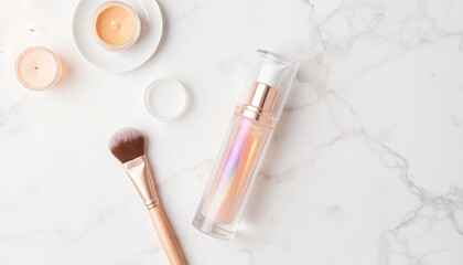 Makeup bottle with brush and candles on marble background  